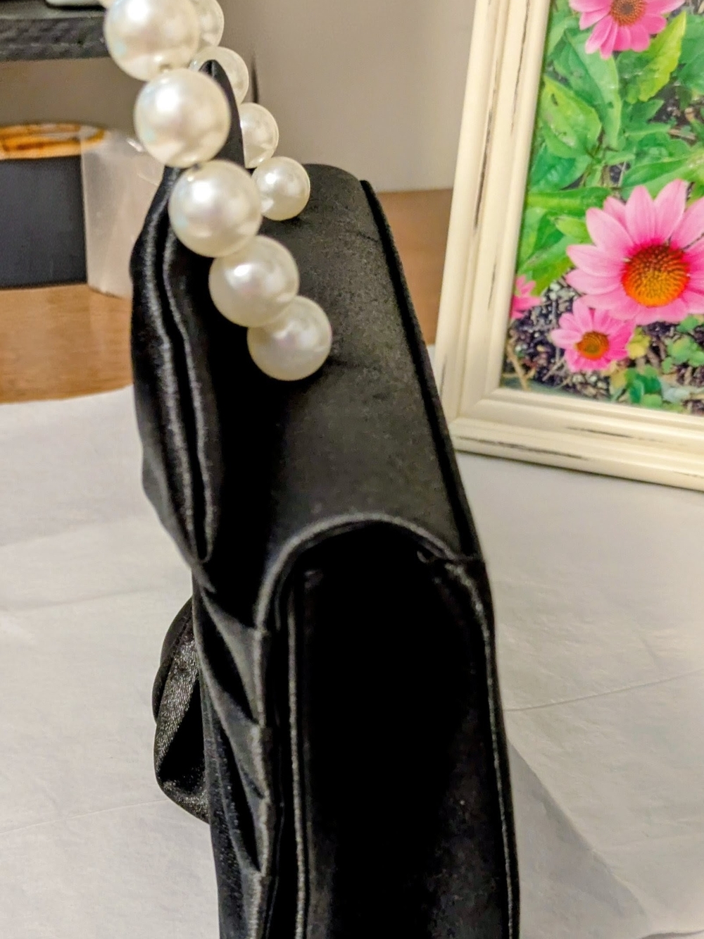 Elegant Black Satin Clutch with Pearl Handle with Silver Chain - Picture 5 of 8